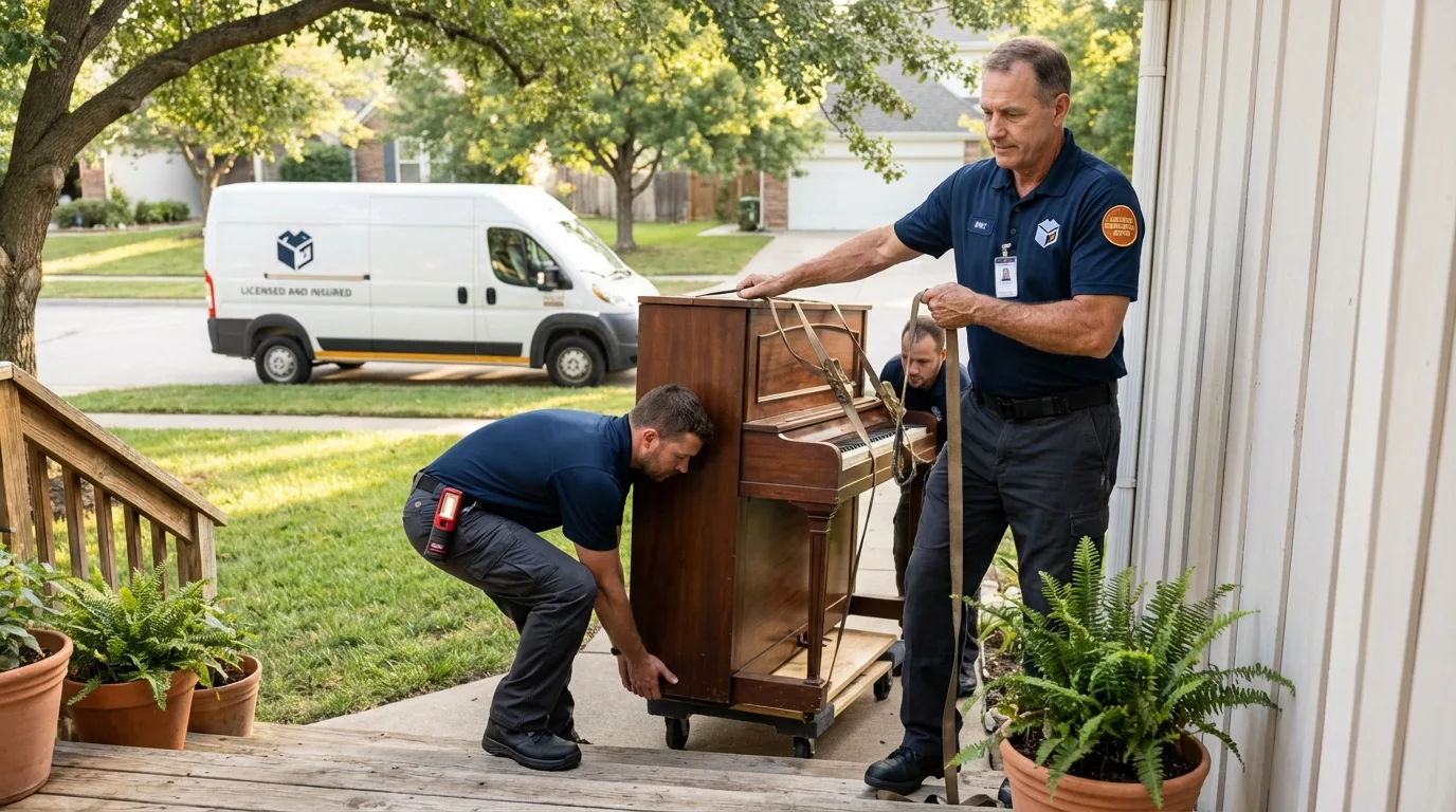 Licensed piano movers securing grand piano in Aurora, MN