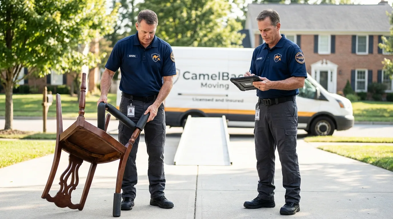 Movers inspecting furniture for damage prevention before loading in Aurora, MN