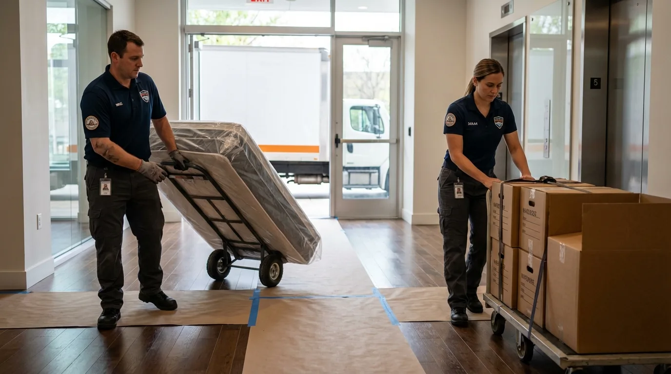 Professional apartment movers loading elevator in Aurora, MN